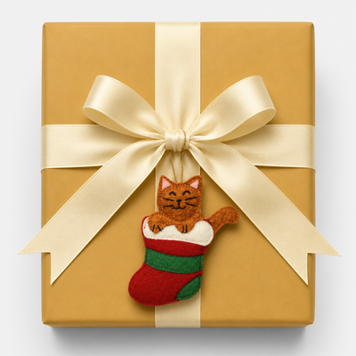 Gift box with a gold ribbon and a cat ornament on a white background