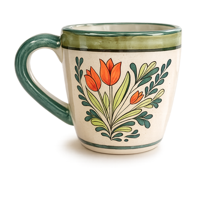 Ceramic mug with floral design on a white background