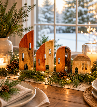 Wooden village figures on a table with candles and greenery, snowy outdoor view.