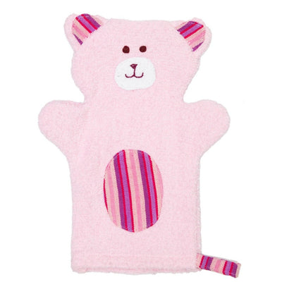 Pink bear shaped bath mitt with striped pattern