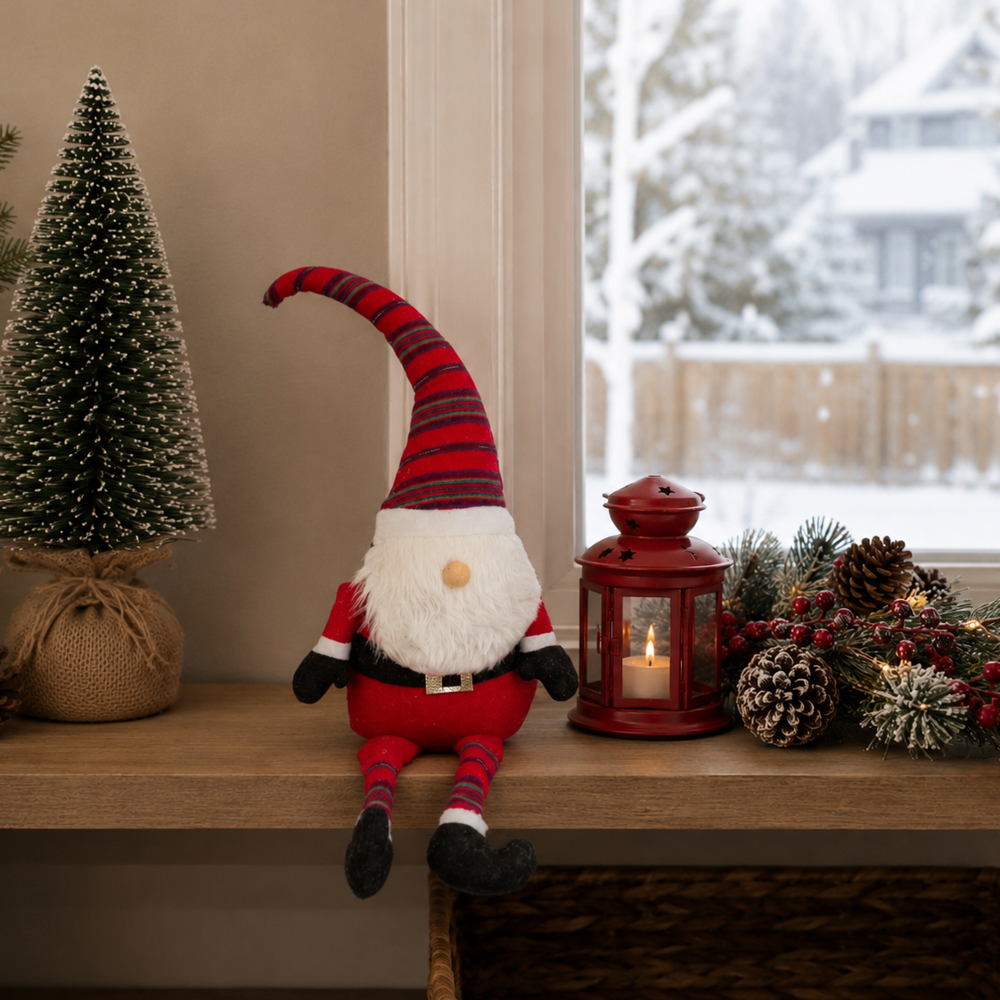 Decorative gnome with striped hat on a shelf with Christmas decorations and a snowy view outside.