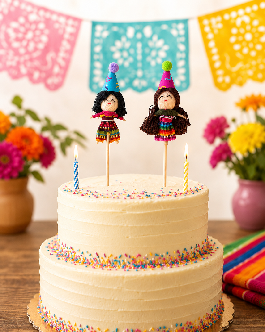 Birthday Cake Topper with Worry Doll & Candle