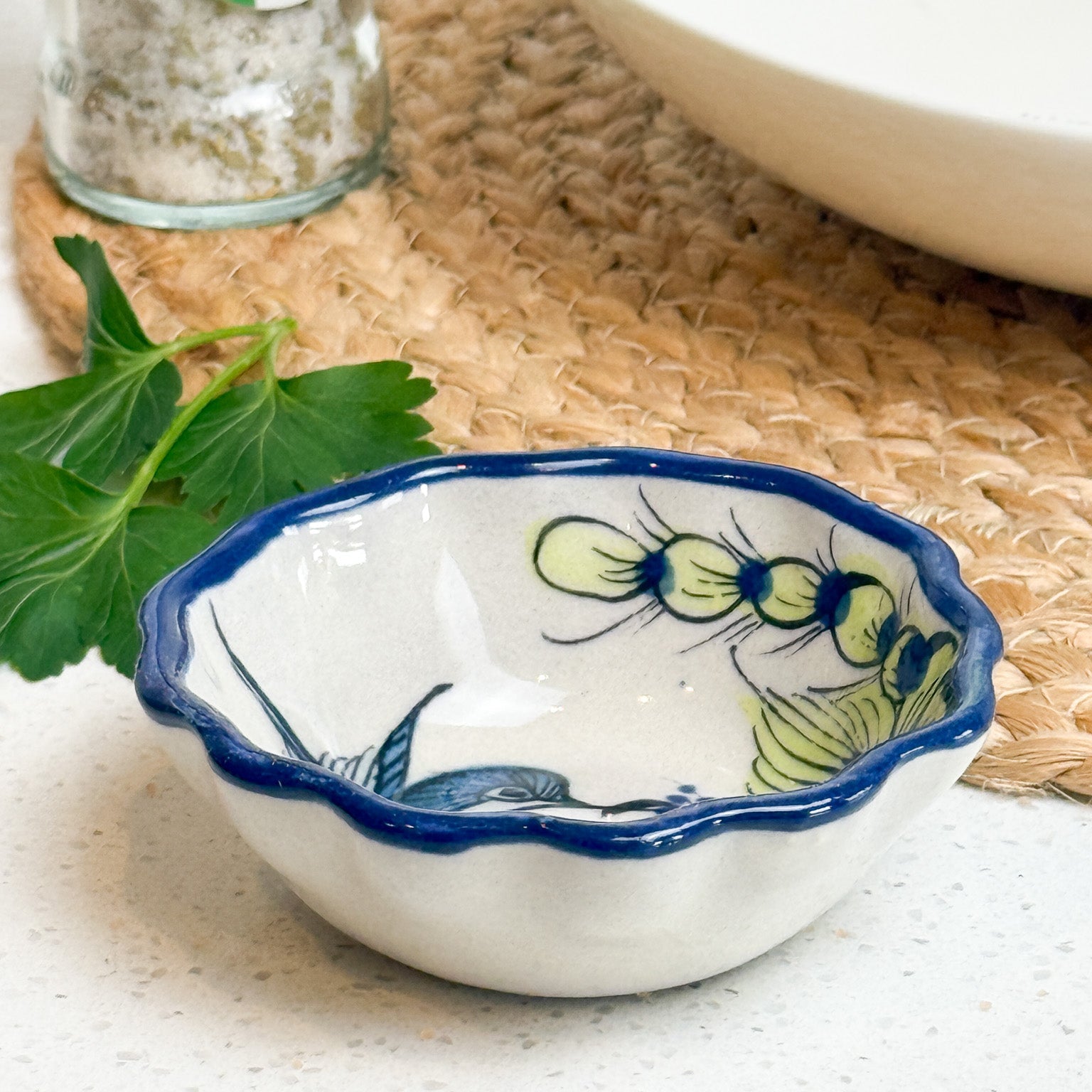 Hummingbird Ceramic Salt and Spices Pinch Bowl on table