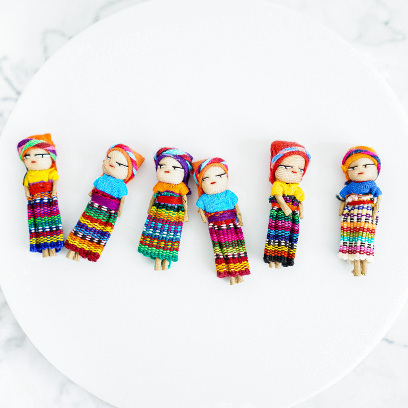 Worry Dolls in Traditional Yellow Balsa Wood Box from Guatemala
