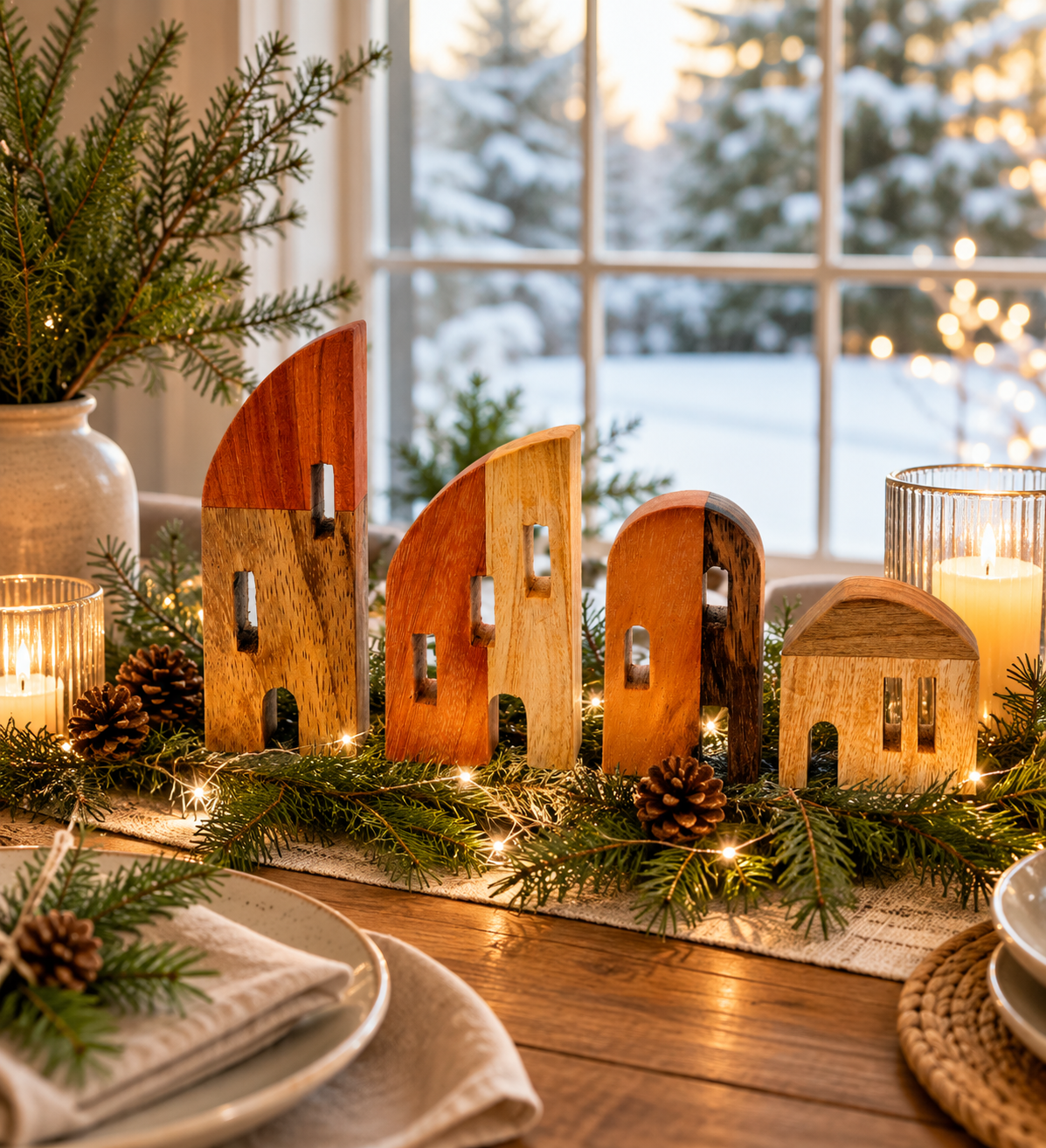 Wooden village figures on a table with candles and greenery, snowy outdoor view.