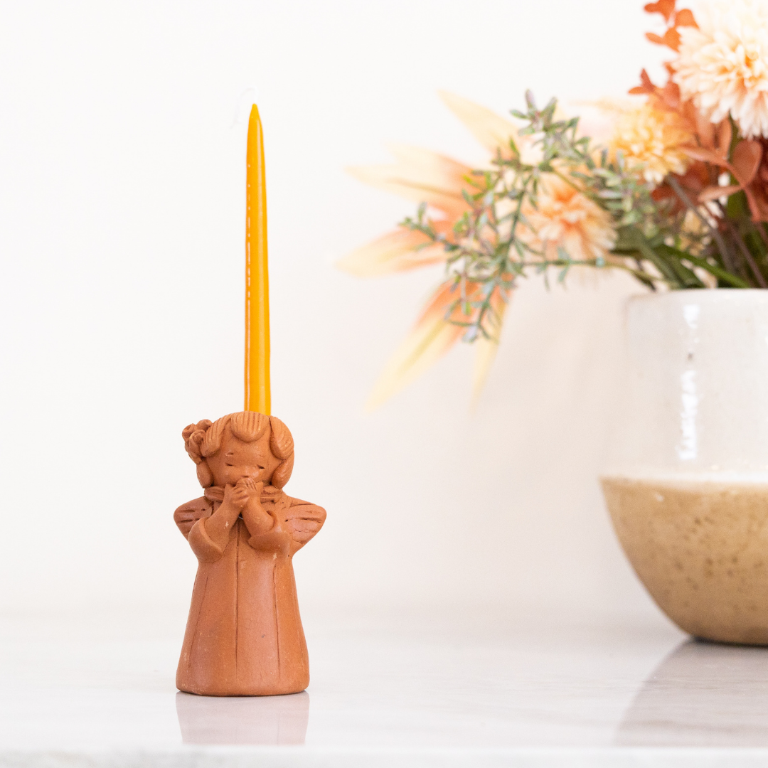 Blushing Angel Terracotta Candle Holder with Set of 10 Hand-Dipped Candles